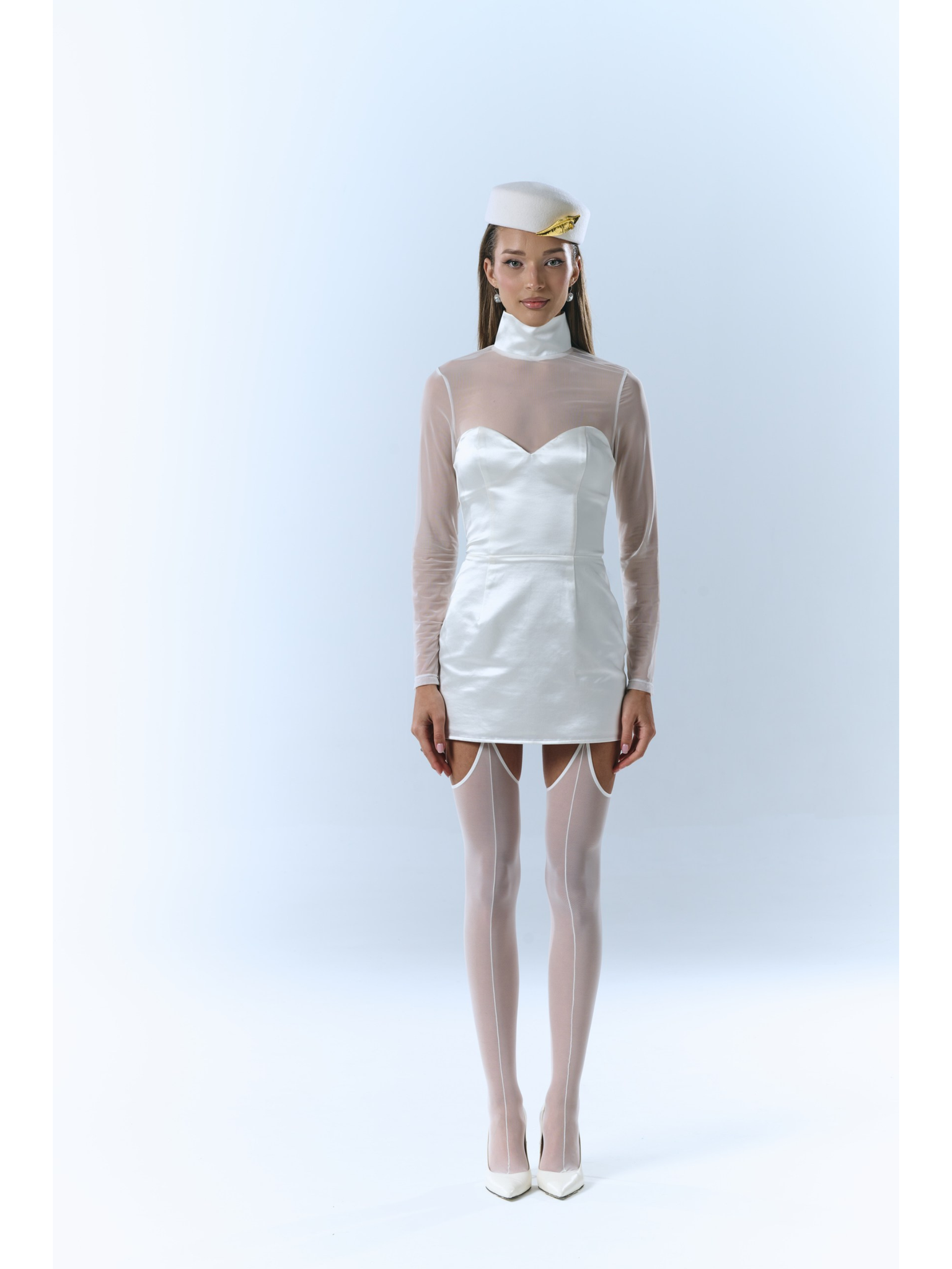 white dress with fur trim White Noel Mini Dress with Mesh Turtleneck & Detachable Faux-Fur Trim